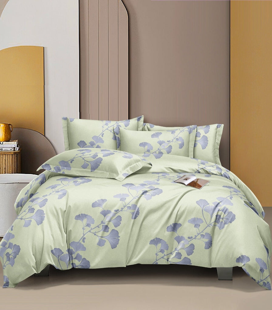 Soft Ac Comforter Set Blue Leaf Design (ELASTIC Bedsheet, 4 pc Set)