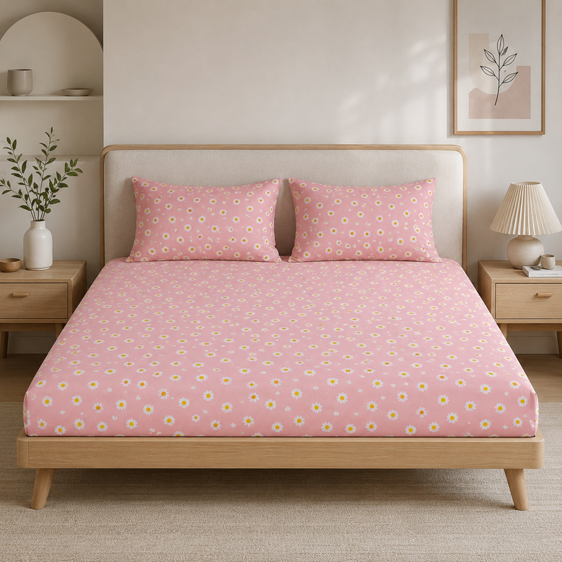 Super Soft Pink Flower Design Summer Double Bedsheet ( 90*100inch, King )