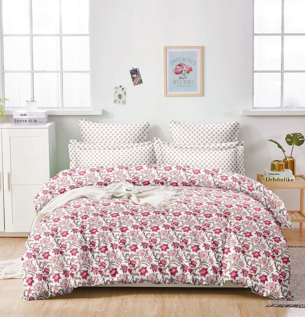 Reversible Soft Ac Comforter Set Purple Lotus Design  (ELASTIC Bedsheet, 4 pc Set)