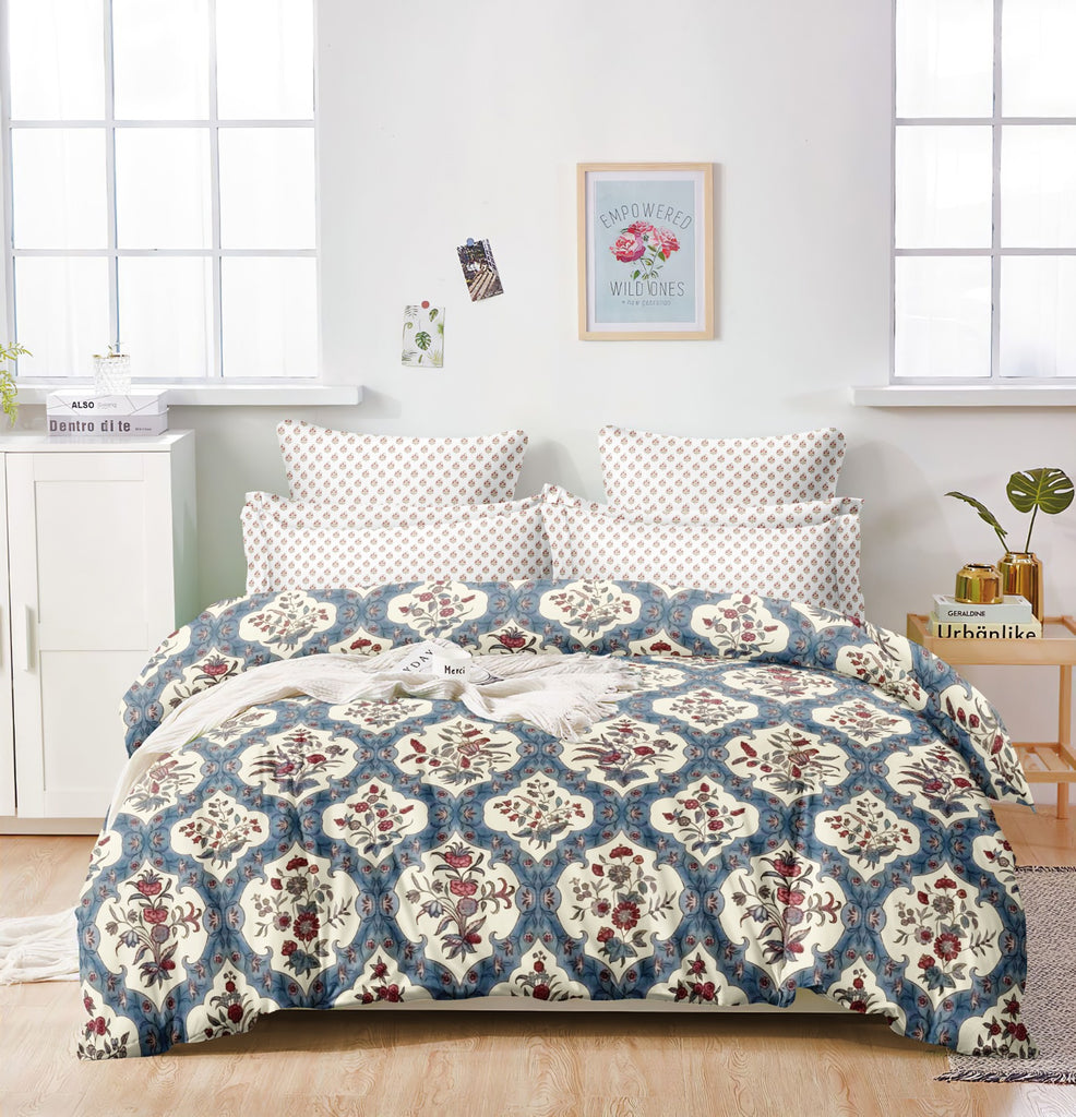 Reversible Soft Ac Comforter Set Royal Floral Design  ( ELASTIC Bedsheet, 4 pc Set)