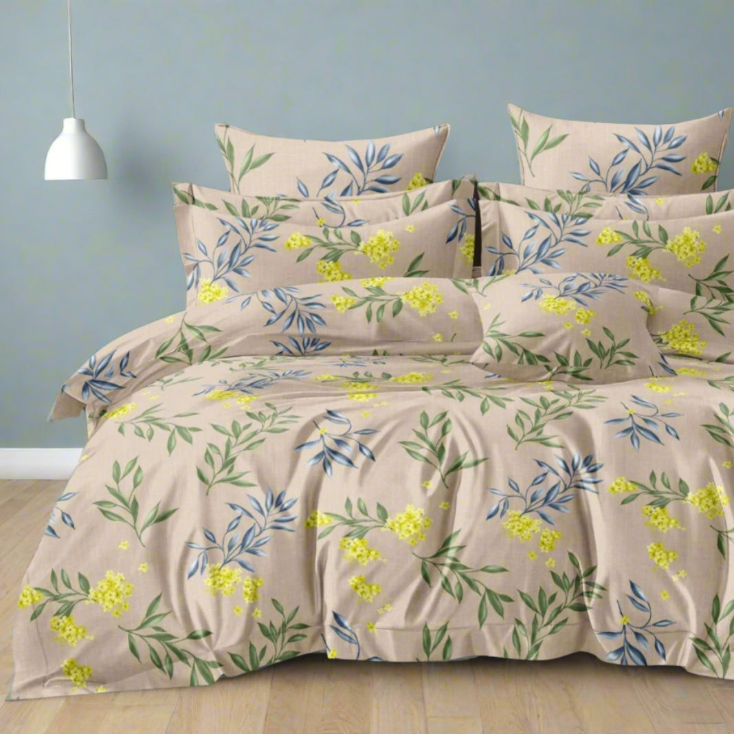 Suggestion


Floral patterned bedding set on a bed in a room with a dark wall and wooden bench