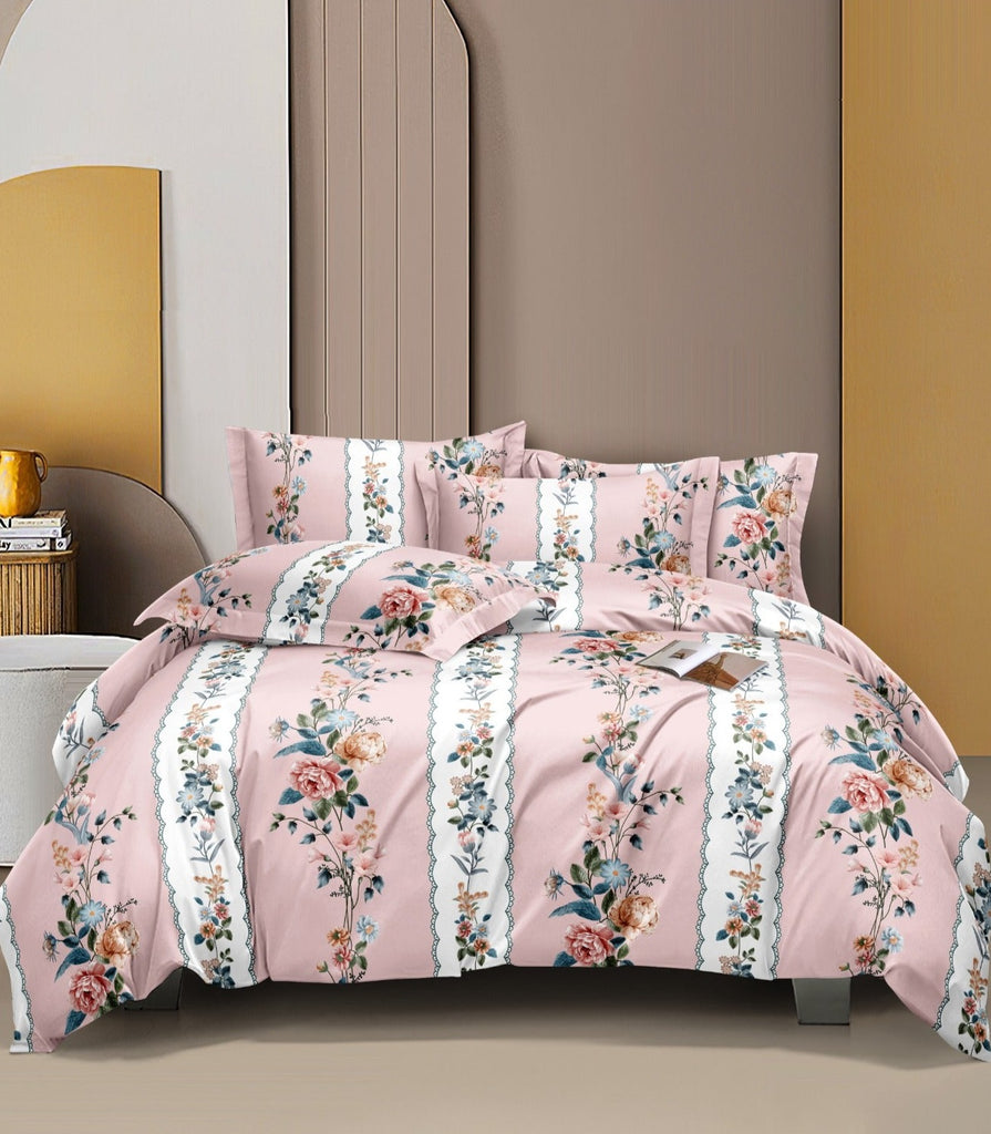 Soft Ac Comforter Set Pink Floral Design (ELASTIC Bedsheet, 4 pc Set)