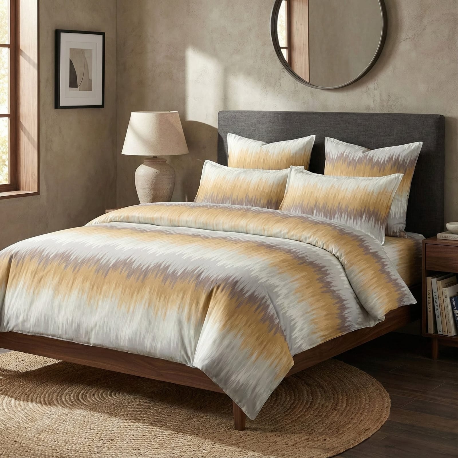 Bedroom with a bed featuring a yellow and gray patterned comforter, pillows, and a lamp