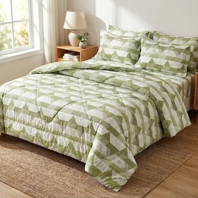 Super Soft Ac Comforter Set Olive Geo Stripes Design ( 90x100 inch)