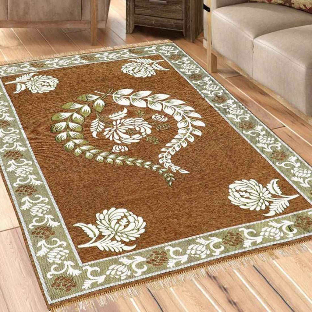 Floral Design Exclusive Velvet Carpets ( Beige, 5*7 Feet )