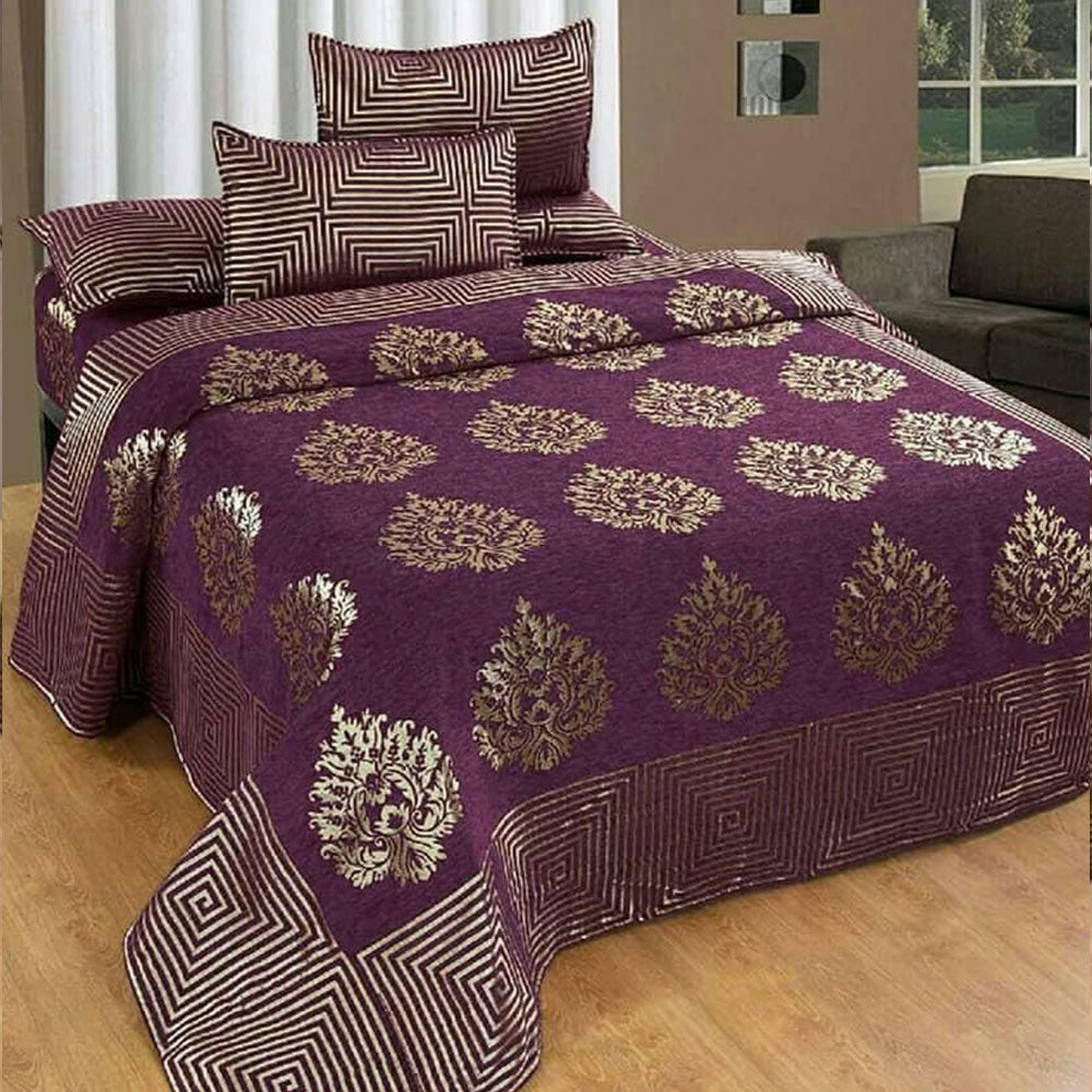 Flower Design Chenille King size Double Bedsheet ( King size, Purple )