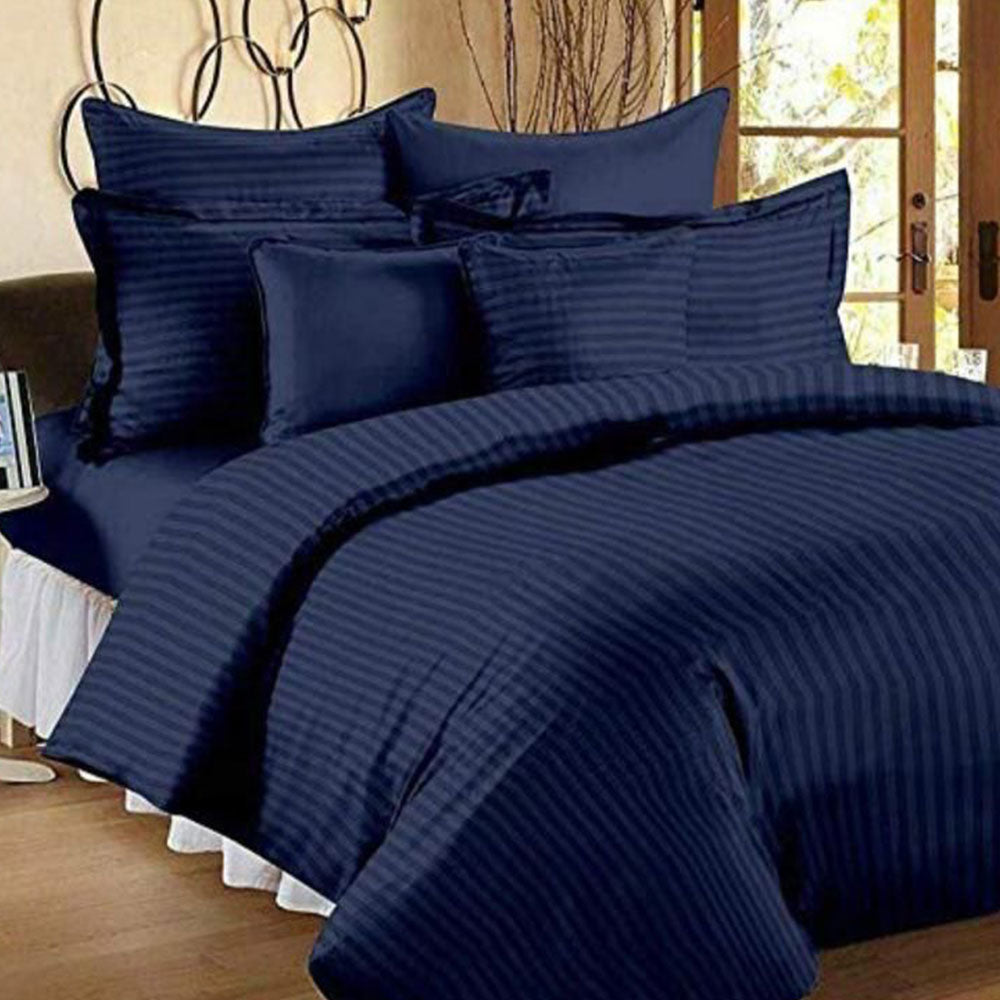 Plain Strip Design 100% Cotton Double Bedsheet ( King size, Dark Blue)