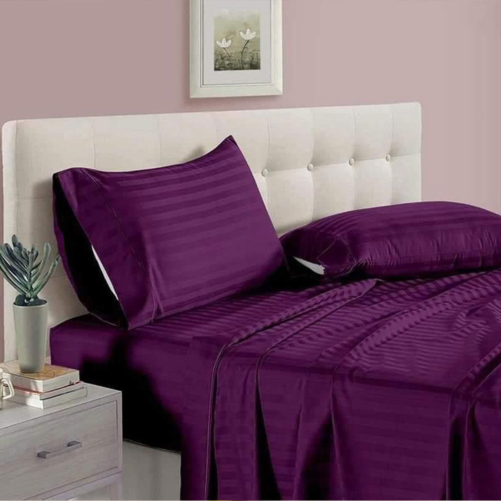 Plain Strip Design 100% Cotton Double Bedsheet ( King size, Purple)