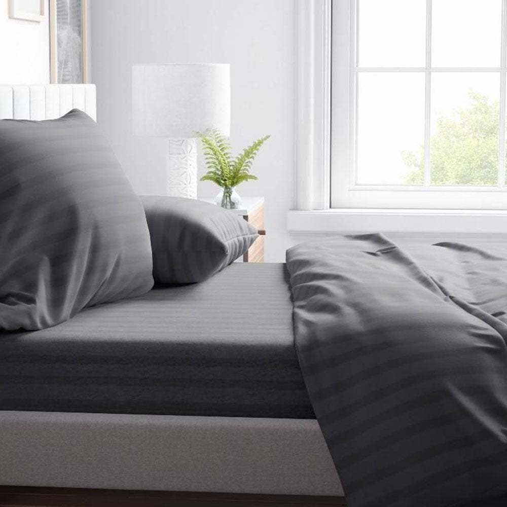Plain Strip Design 100% Cotton Double Bedsheet ( King size, Grey)