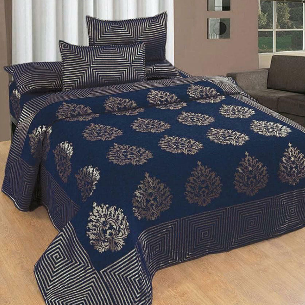 Flower Design Chenille King size Double Bedsheet ( King size, Dark Blue)