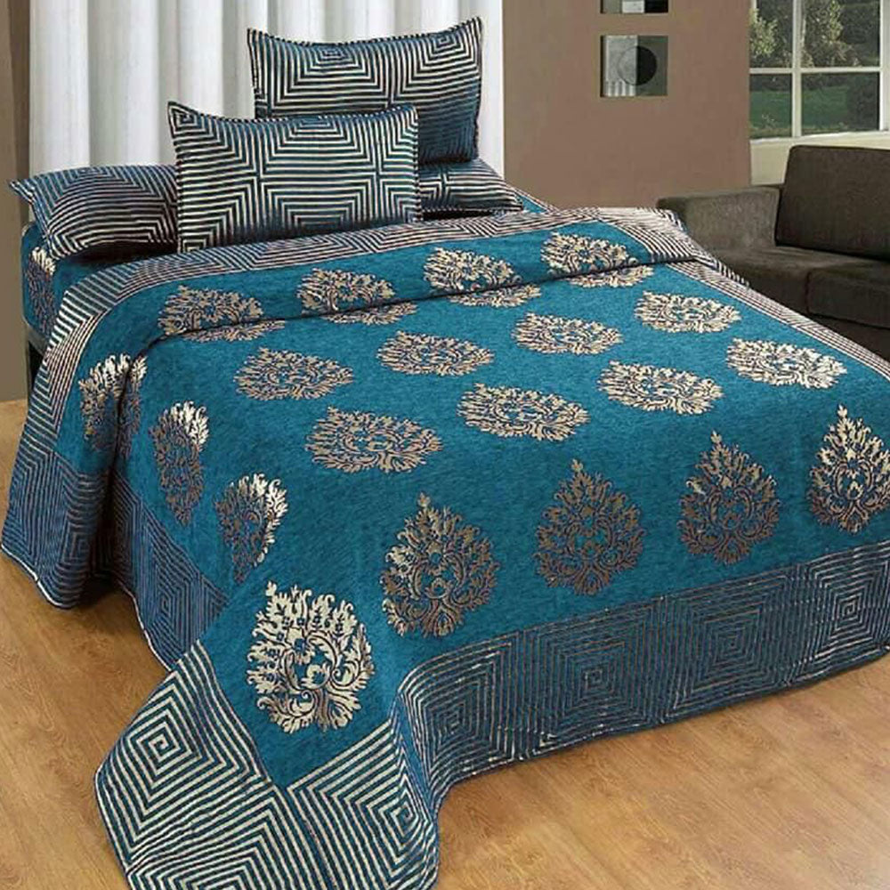Flower Design Chenille King size Double Bedsheet ( King size, Light Blue)