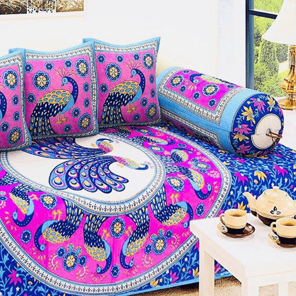 Jaipuri Design Single Bedsheet ( 100% cotton, 6pc set, Diwan set )