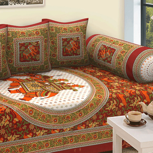 Jaipuri Design Single Bedsheet ( 100% cotton, 6pc set, Diwan set )