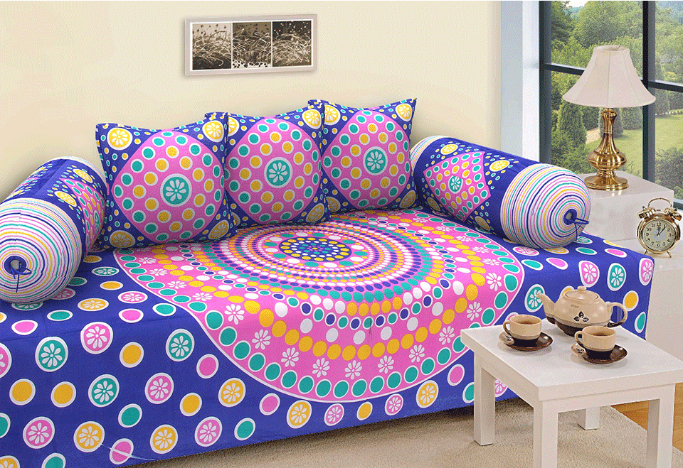 Jaipuri Design Single Bedsheet ( 100% cotton, 6pc set, Diwan set )