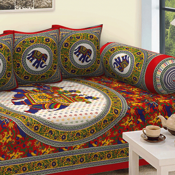 Jaipuri Design Single Bedsheet ( 100% cotton, 6pc set, Diwan set )