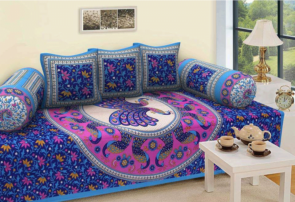 Jaipuri Design Single Bedsheet ( 100% cotton, 6pc set, Diwan set )