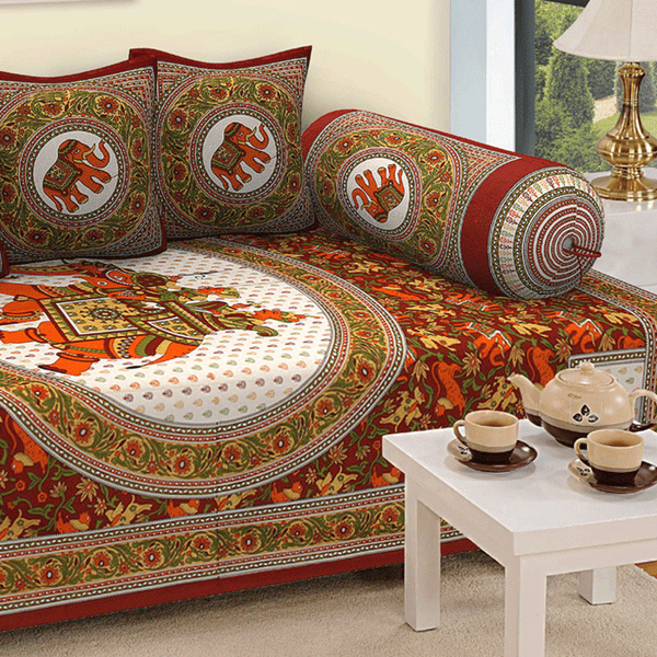 Jaipuri Design Single Bedsheet ( 100% cotton, 6pc set, Diwan set )