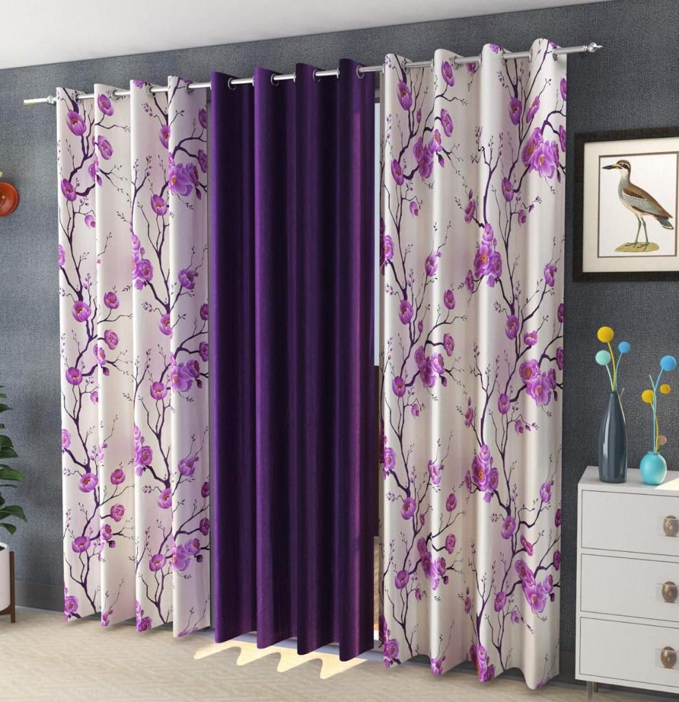 Beautiful 3PC Flower Design Curtain Combo ( 4 x 7 , pack of 3, Purple)
