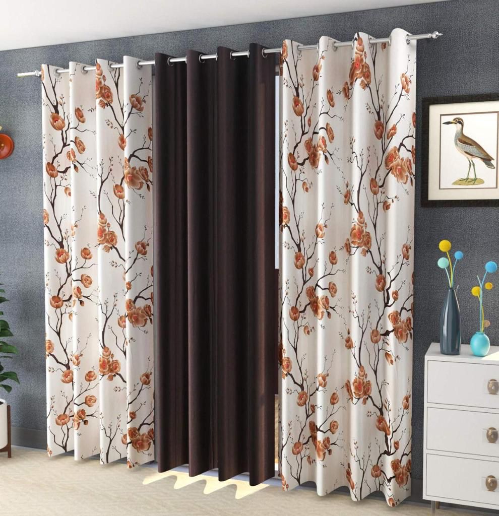 Beautiful 3PC Flower Design Curtain Combo ( 4 x 7 , pack of 3, Dark Brown)