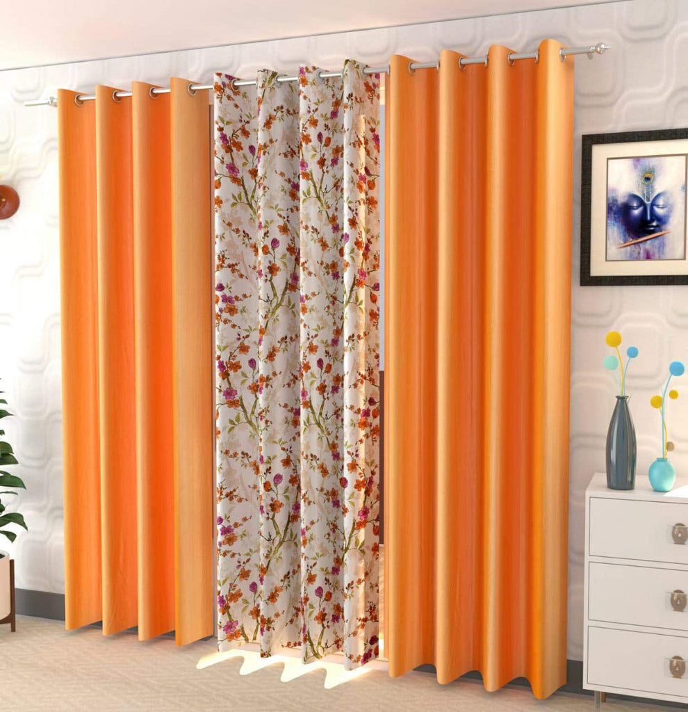 Beautiful 3PC Flower Design Curtain Combo ( 4 x 7 , pack of 3, Orange)