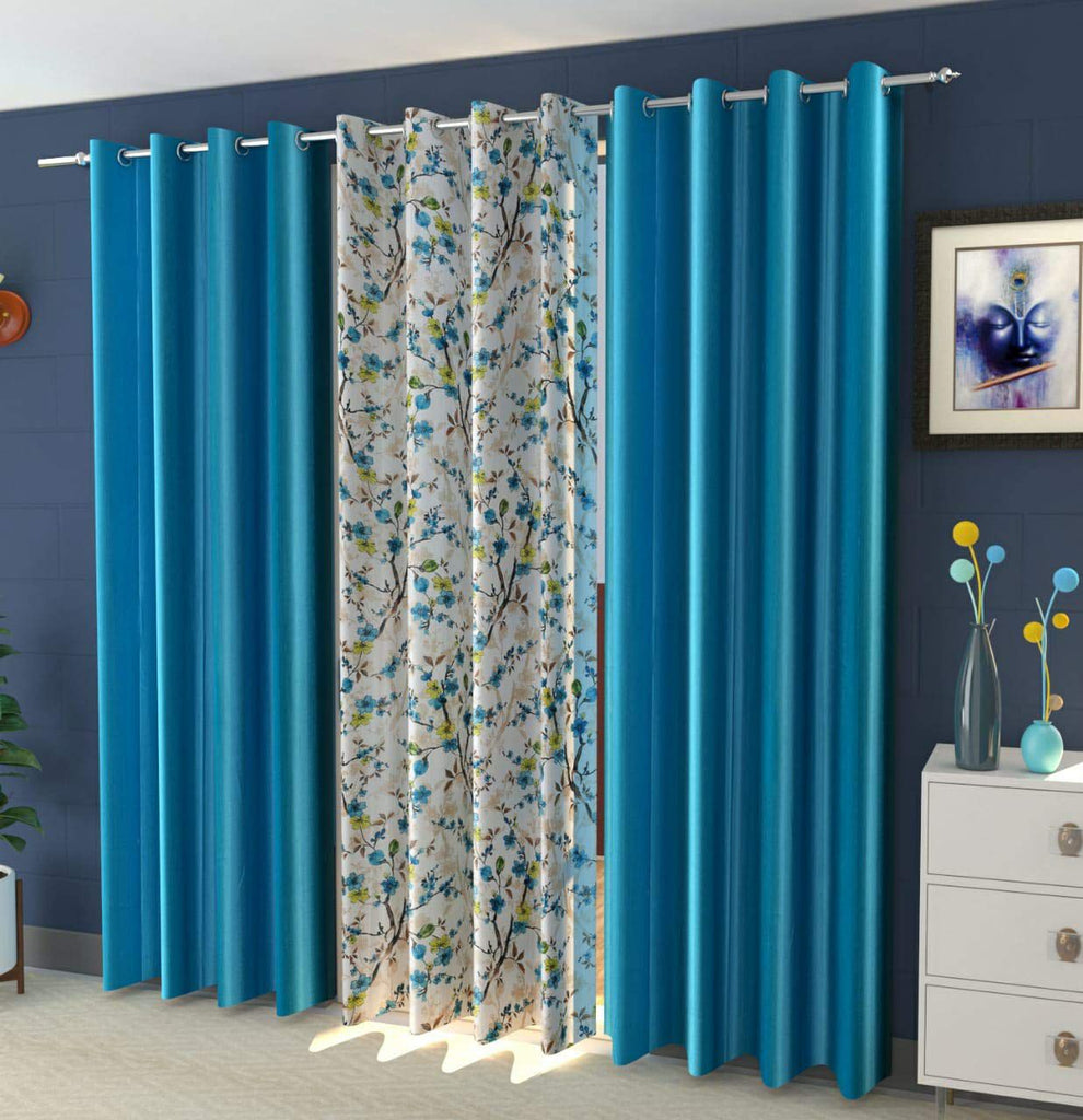 Beautiful 3PC Flower Design Curtain Combo ( 4 x 7 , pack of 3, Blue)