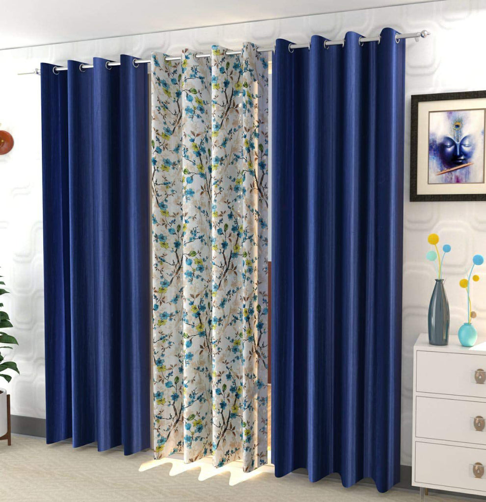 Beautiful 3PC Flower Design Curtain Combo ( 4 x 7 , pack of 3, Dark Blue)