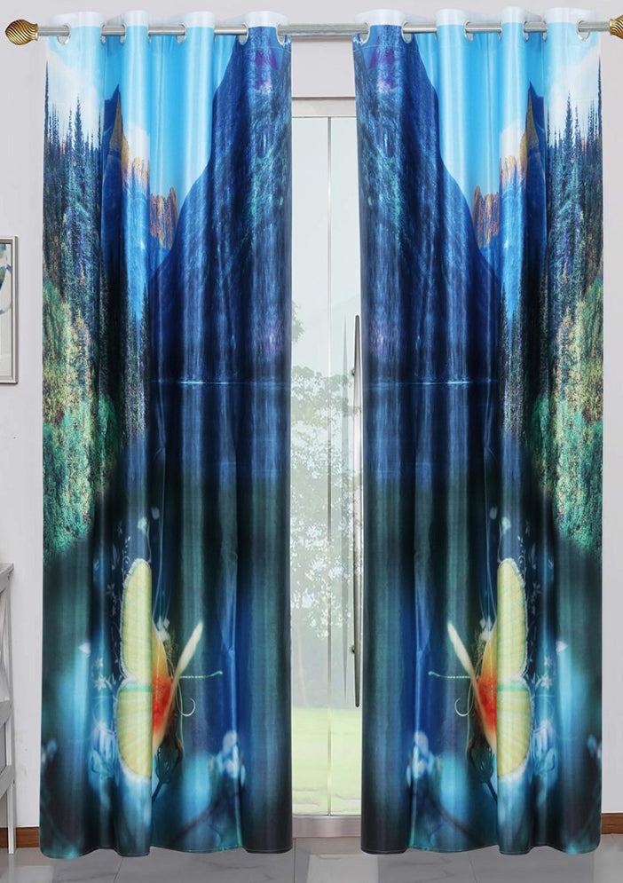 Beautiful Long Crush Solid Blue Lake Print Curtain Combo ( 4 x 7 , pack of 2)