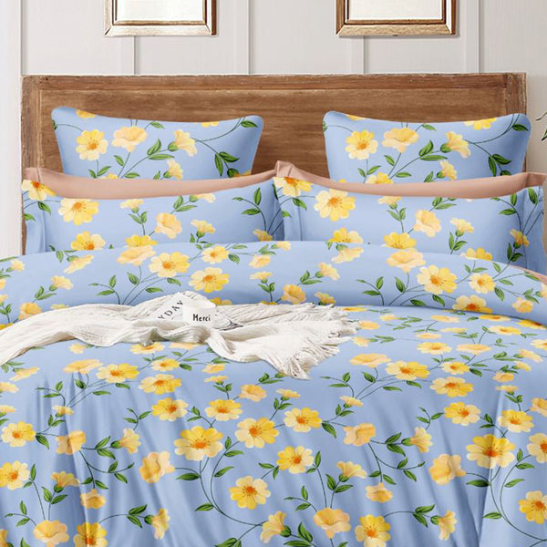 Super Soft Daffodils Blue Design Cosy Comforter Set (4 pc Set, king Size)