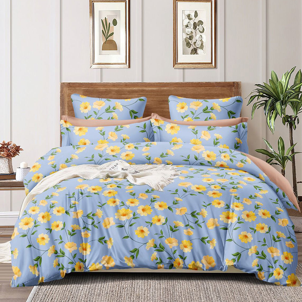 Super Soft Daffodils Blue Design Double Bedsheet ( 90*100inch, King )