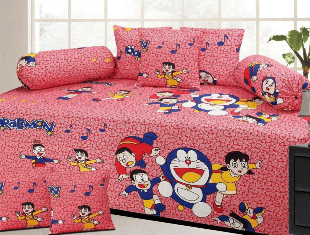 Doraemon Single Bedsheet ( 100% cotton, 8pc set, Diwan set )
