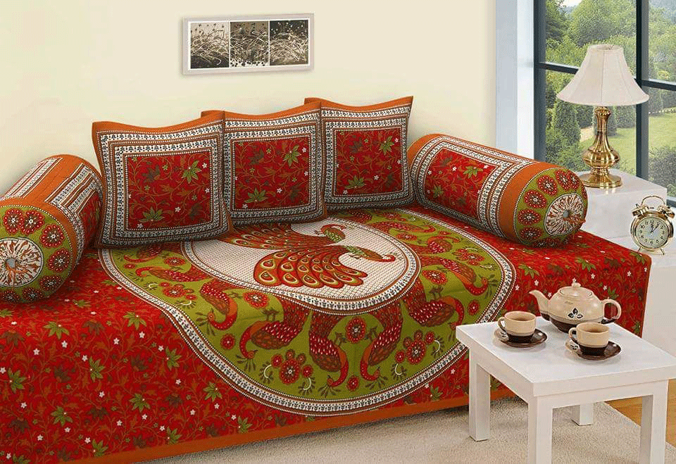 Jaipuri Design Single Bedsheet ( 100% cotton, 6pc set, Diwan set )