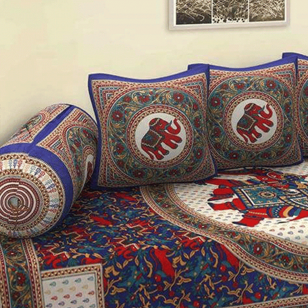 Jaipuri Design Single Bedsheet ( 100% cotton, 6pc set, Diwan set )